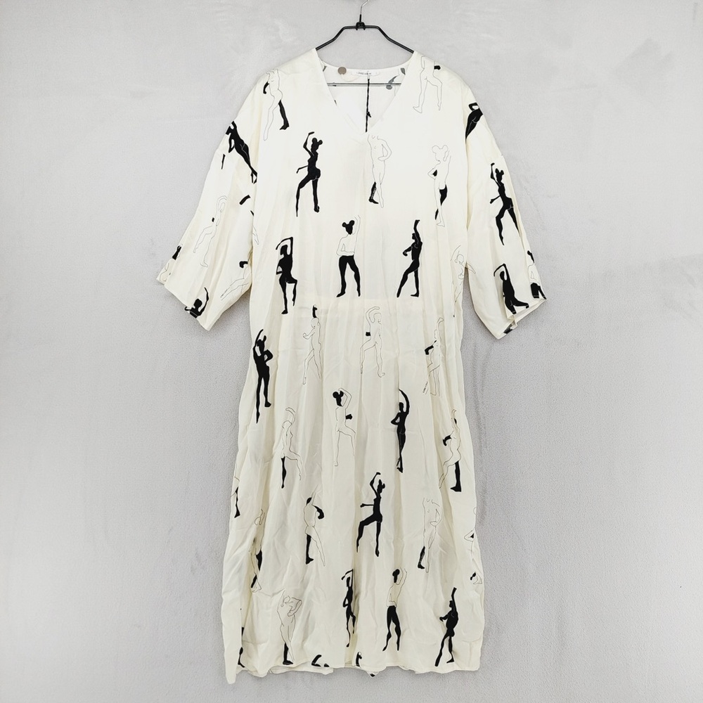 NEW 5 Preview White Black Silhouette Print V-Neck Tie Waist Midi Dress P2502